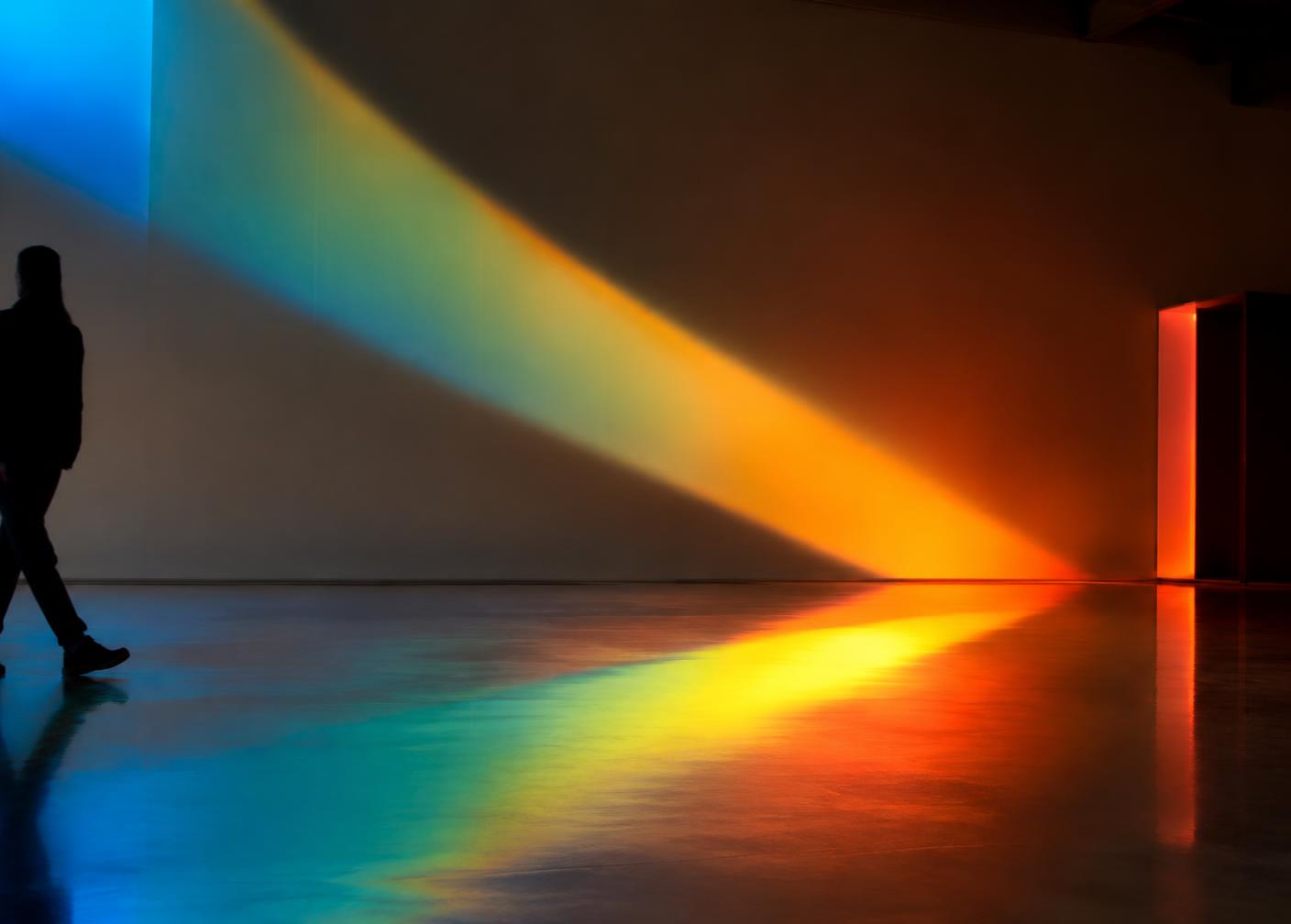 Een lichtbaan in kleur over een glanzende vloer, met een silhouet aan de rand